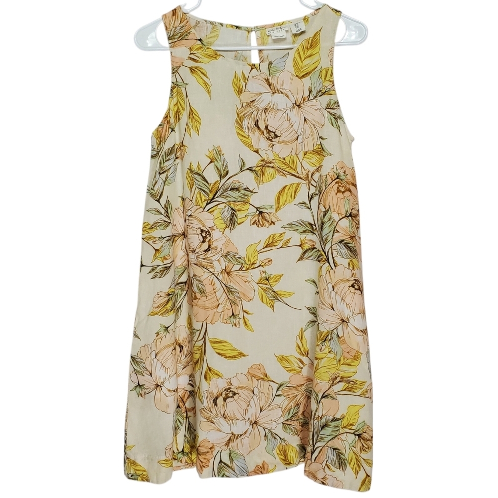 2569 * Nicole Miller Floral Linen Dress Sleeveless Cream Yellow Pink Size XS
